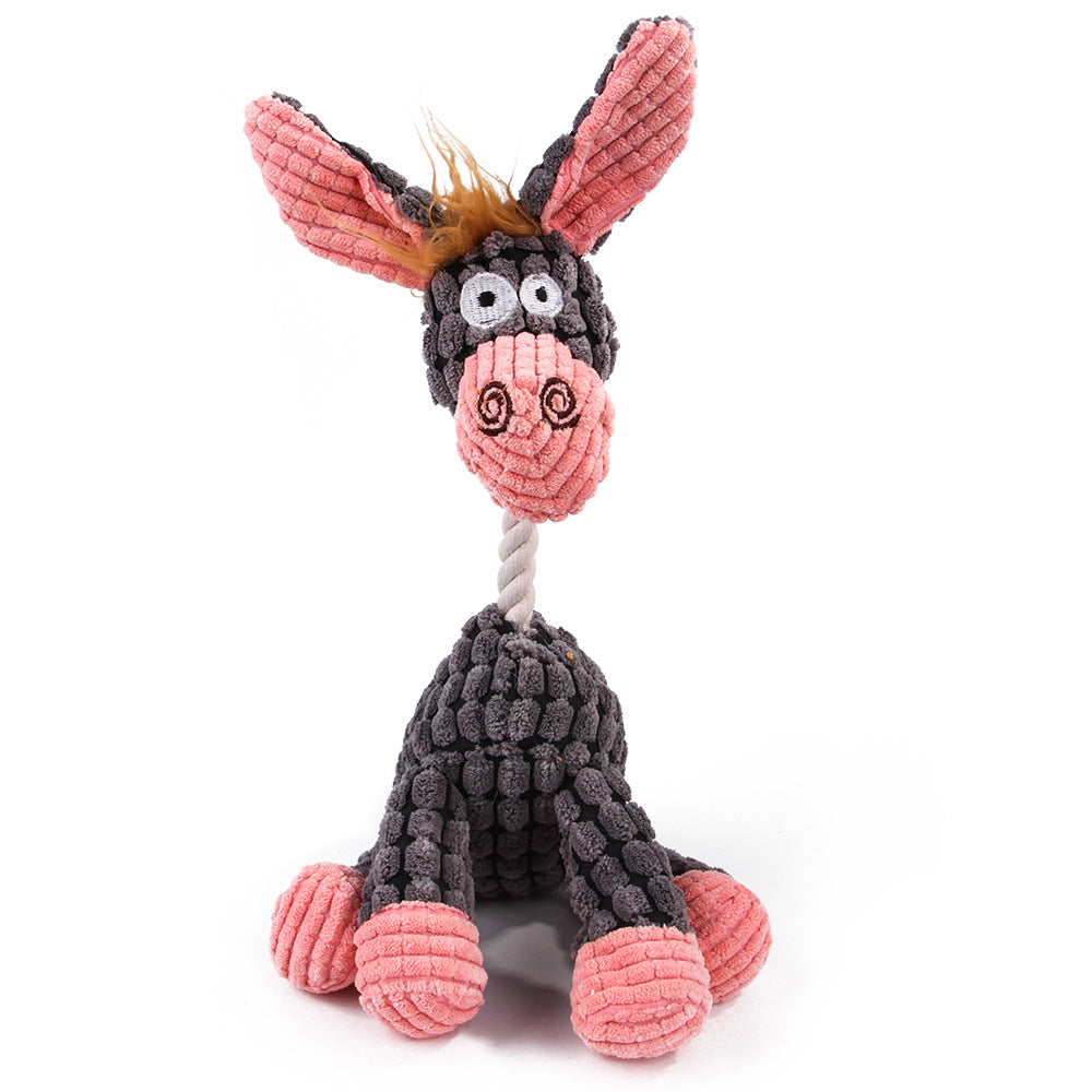 Grey plush donkey dog toy with pink ears