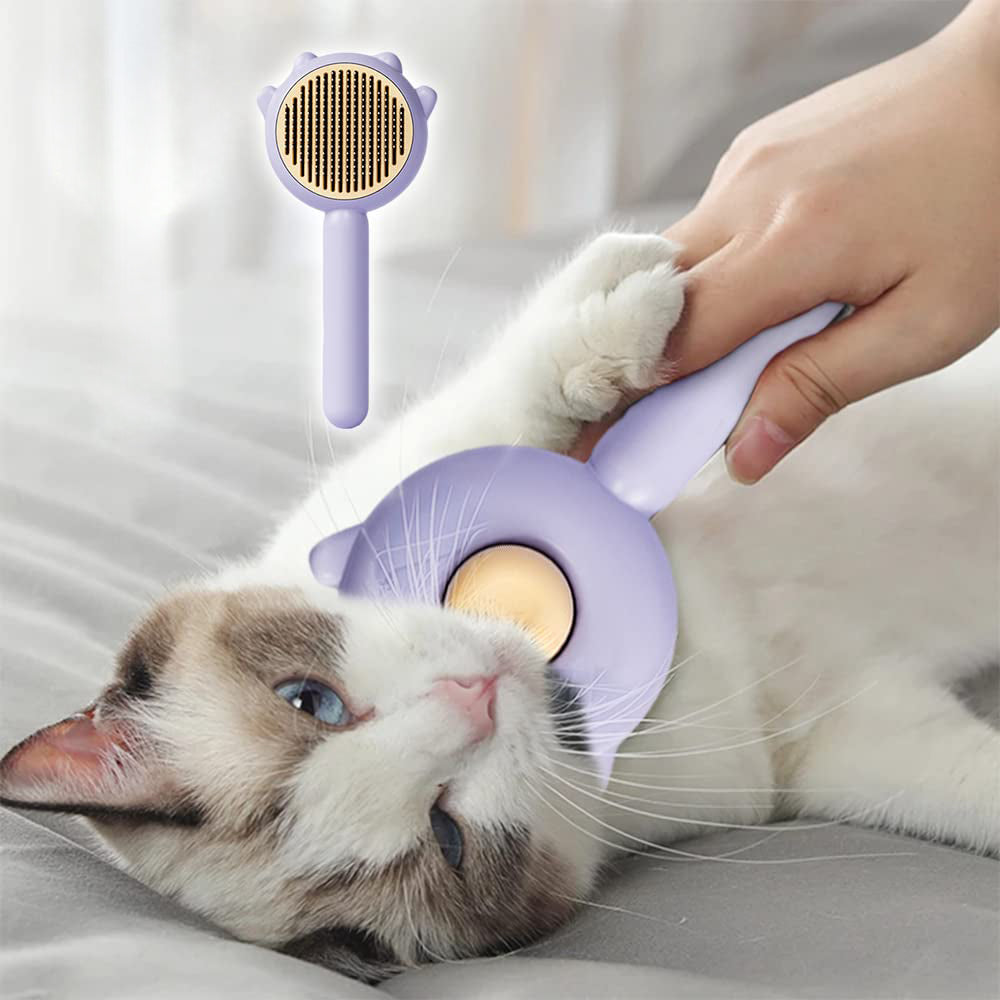 Self-cleaning deshedding brush in purple