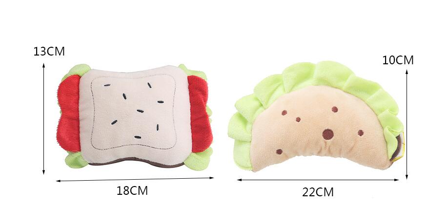 Toast and taco plush toy sizes: toast 18 x 13 cm, taco 22 x 10 cm
