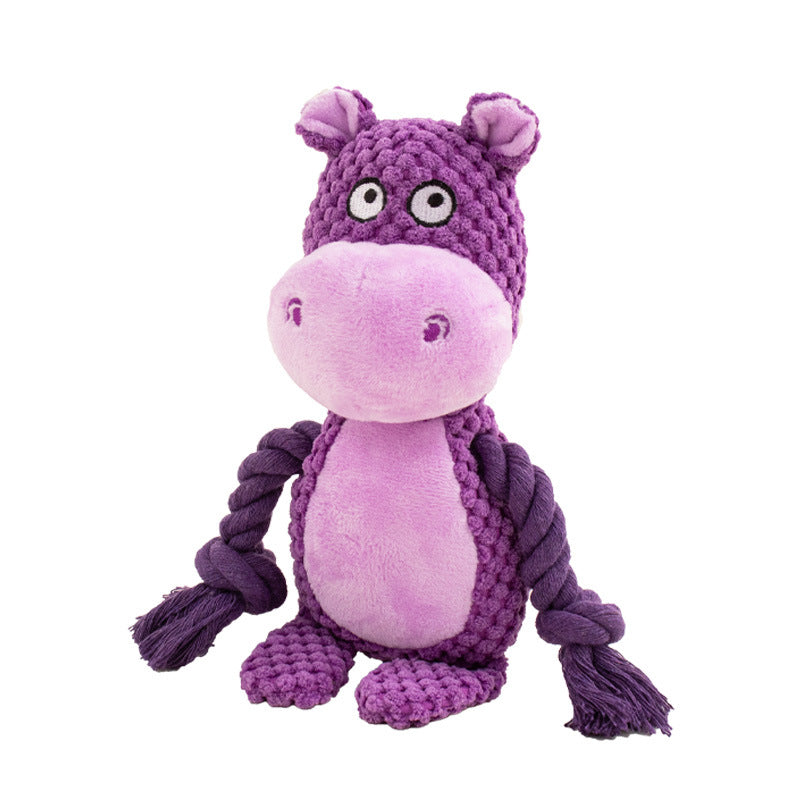 Purple hippo plush dog toy with rope limbs